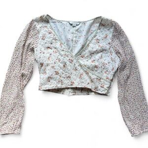 American Eagle Outfitters Floral Wrap Crop Blouse White and Pink M Cotton Linen